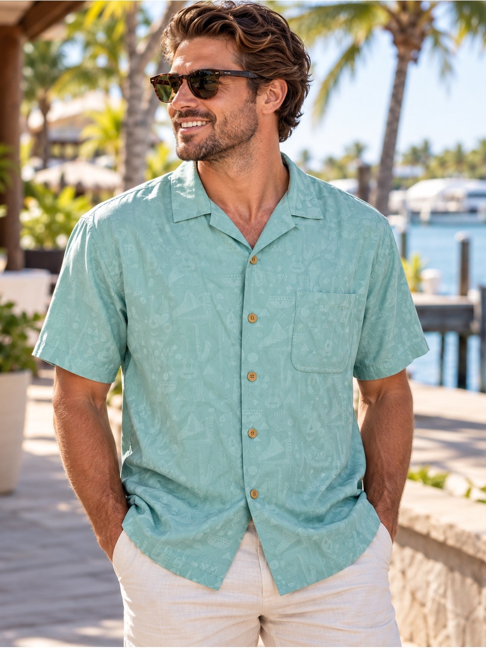 Nat Nast Luxury Originals Men’s L 100% Silk Aqua Jacquard Camp Shirt